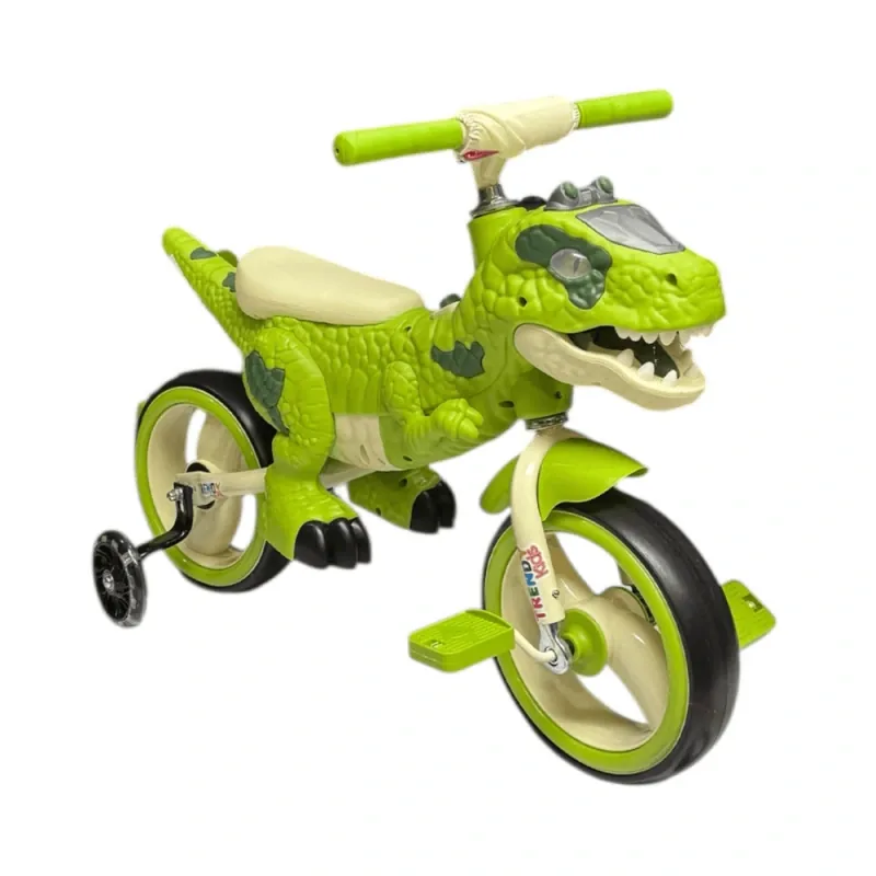 Bicicletă verde pentru copii, în formă de dinozaur, cu roți ajutătoare