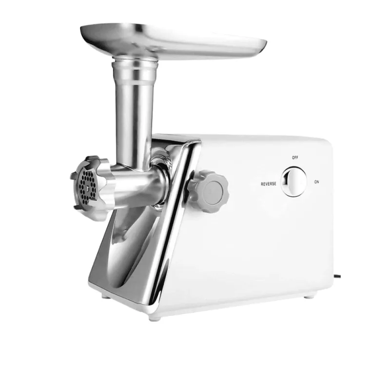 Mașină electrică de tocat carne, albă, cu pâlnie din inox